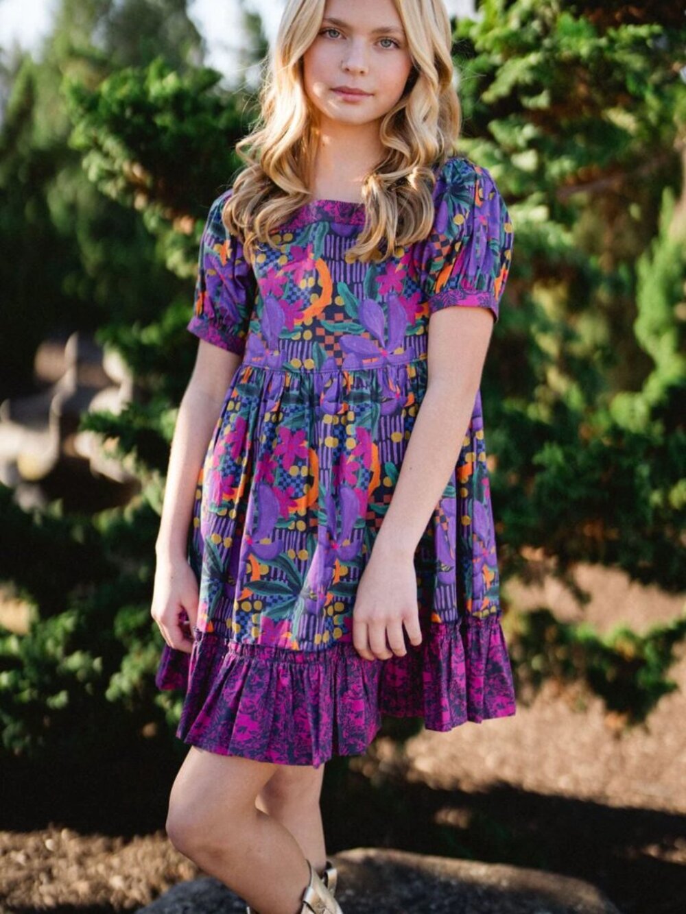Briton Court Kenzie Painted Floral Puff Sleeve Cotton Dress Girls size 8Y